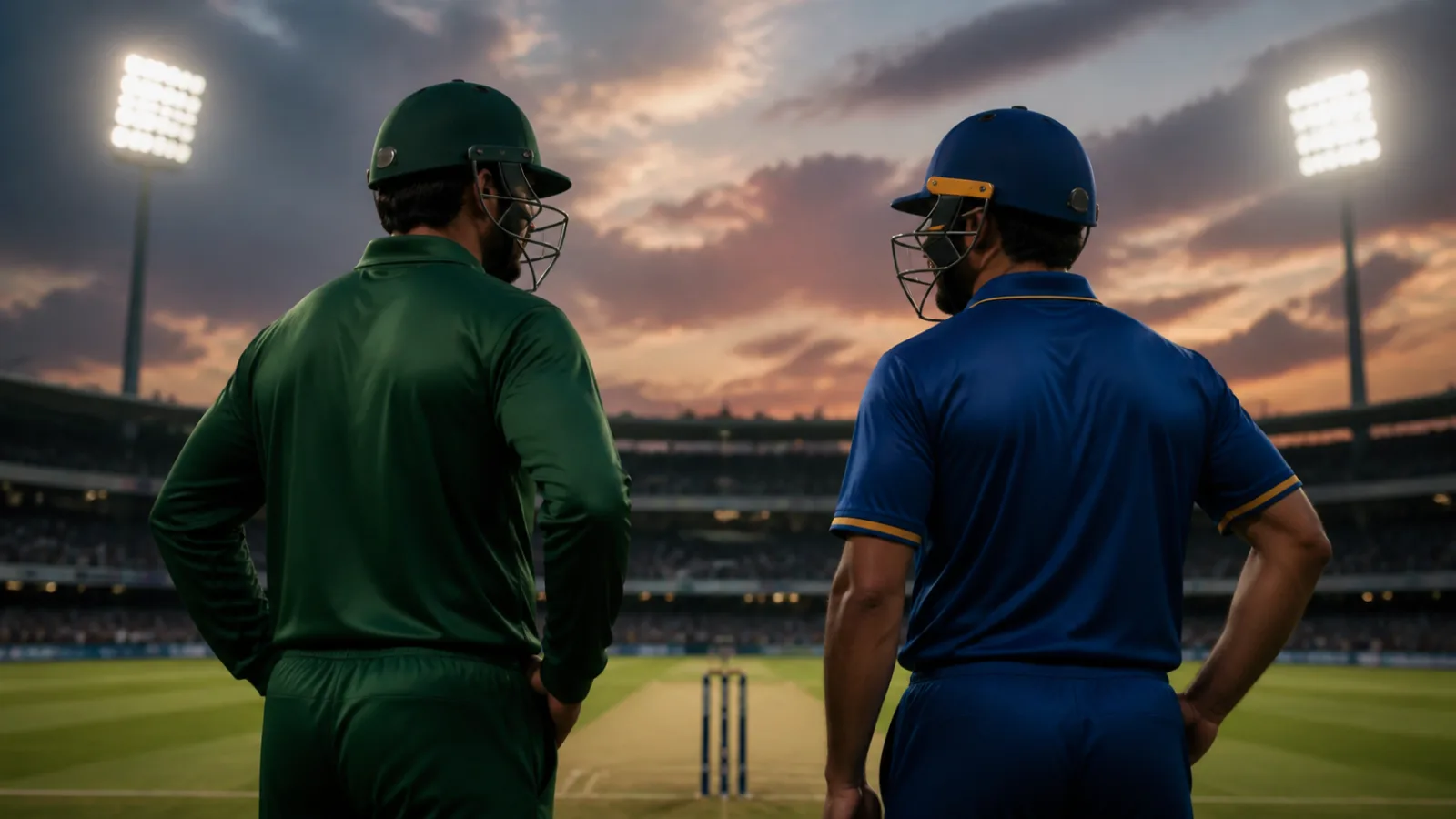 Two anonymous cricket captains in plain green and blue kits looking across a floodlit pitch