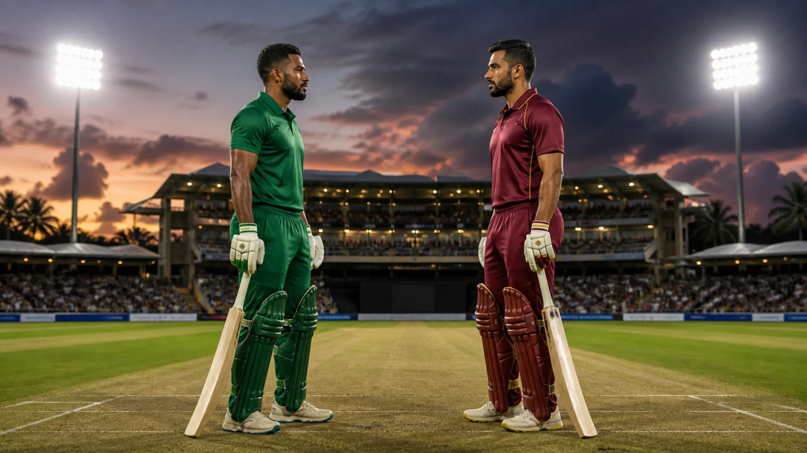 Two anonymous cricket captains in plain green and maroon kits facing each other on a floodlit Caribbean ground