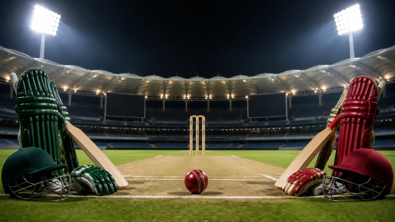 Cricket ball and two sets of blank team-colour equipment under floodlights in a Dubai stadium