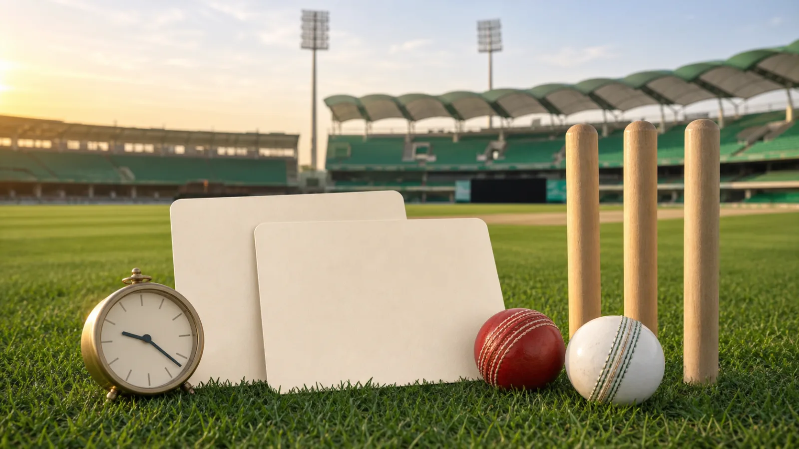 Blank fixture cards beside cricket balls and stumps at a sunlit Pakistan cricket ground