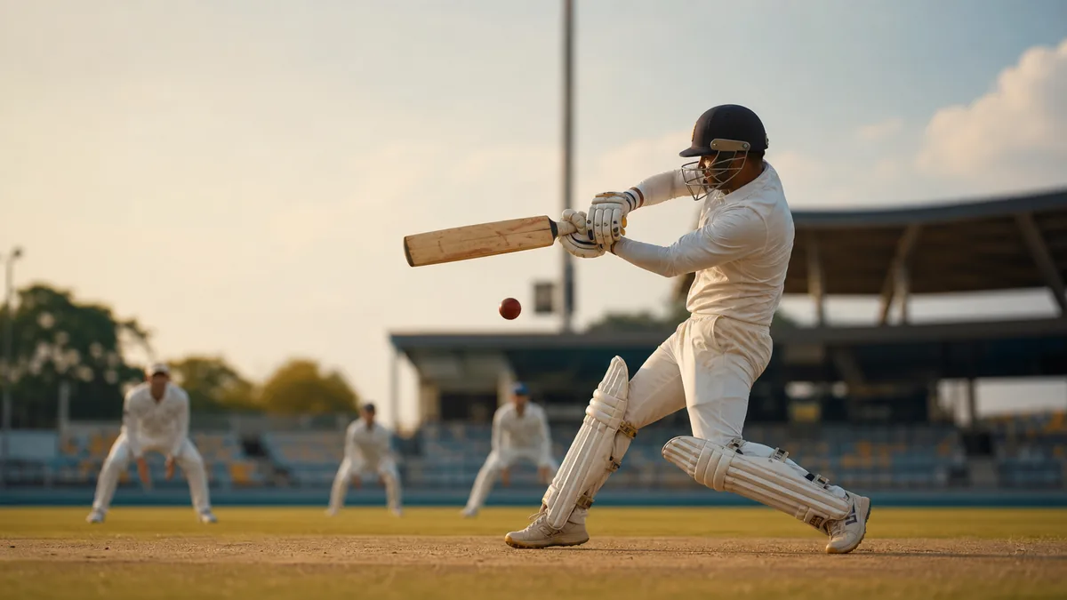 Cricket batter swinging powerfully across the line toward the leg-side boundary
