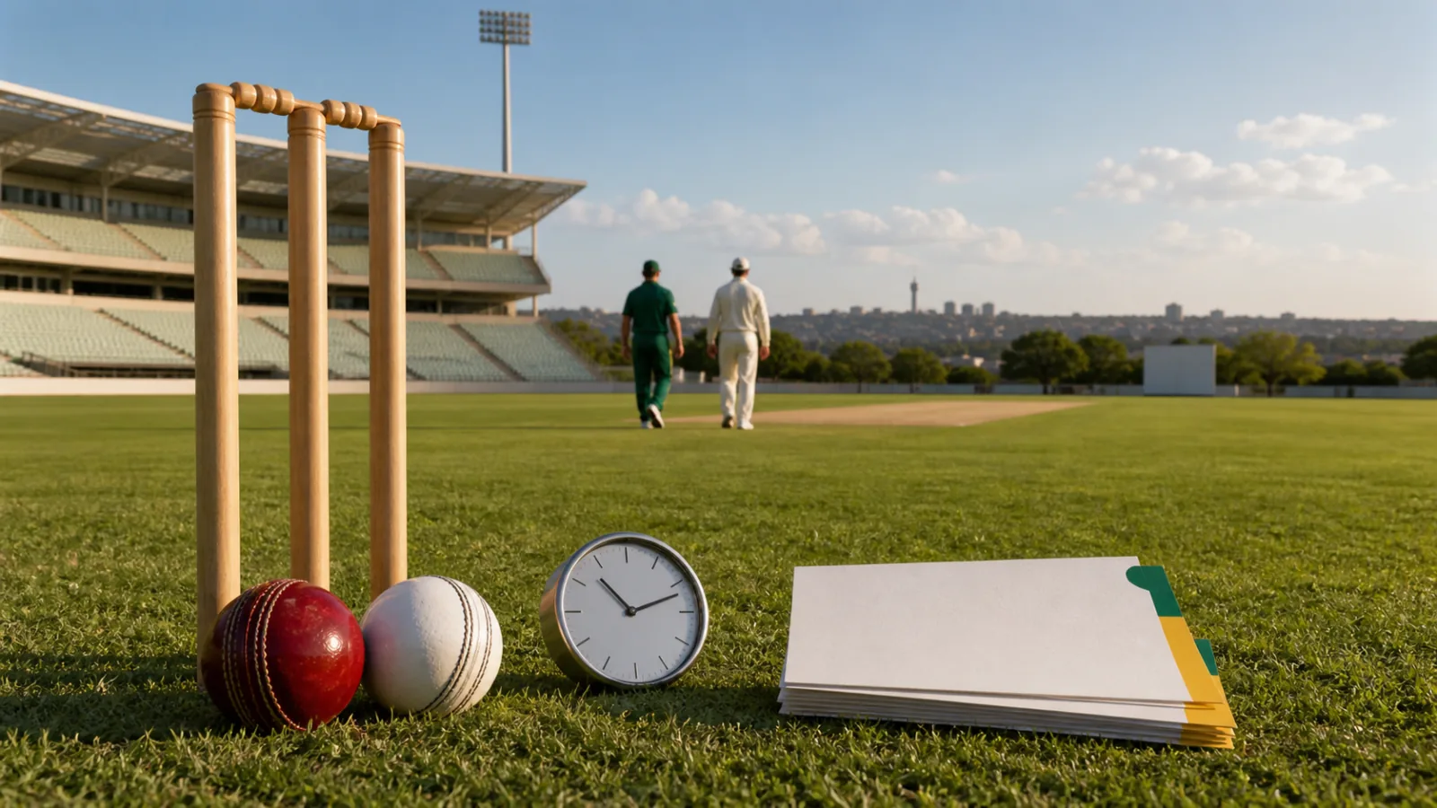 Cricket stumps, red and white balls, a clock and blank fixture cards on a sunlit South African ground