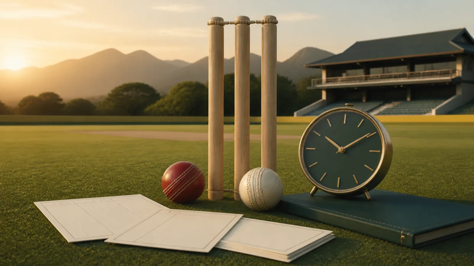 Blank fixture cards beside cricket balls and stumps at a sunlit South African cricket ground