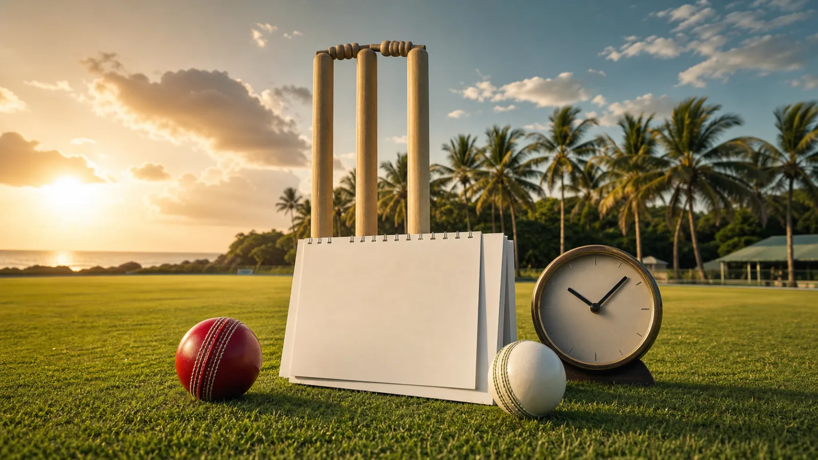 Blank fixture cards with red and white cricket balls beside stumps on a tropical coastal ground
