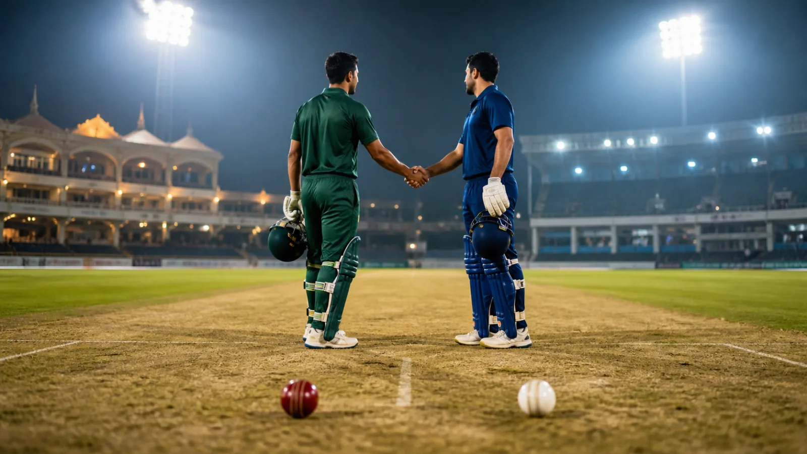 Two anonymous cricketers in green and blue meeting beside red and white cricket balls at a floodlit ground