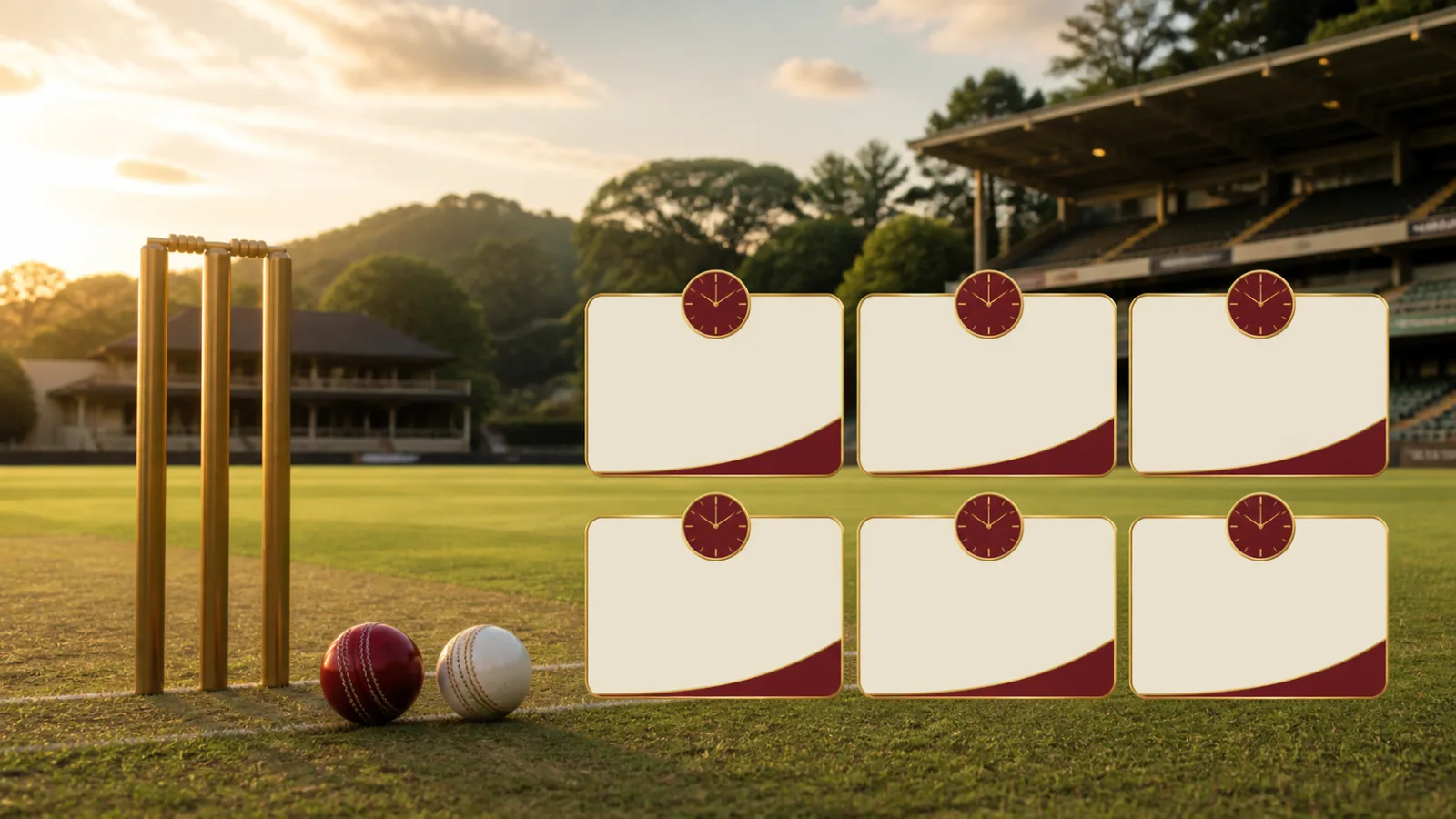 Blank fixture cards beside cricket balls and stumps at a sunlit Sri Lankan cricket ground