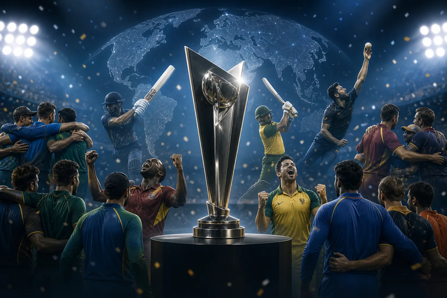 Fast-paced international T20 cricket action in a full night stadium