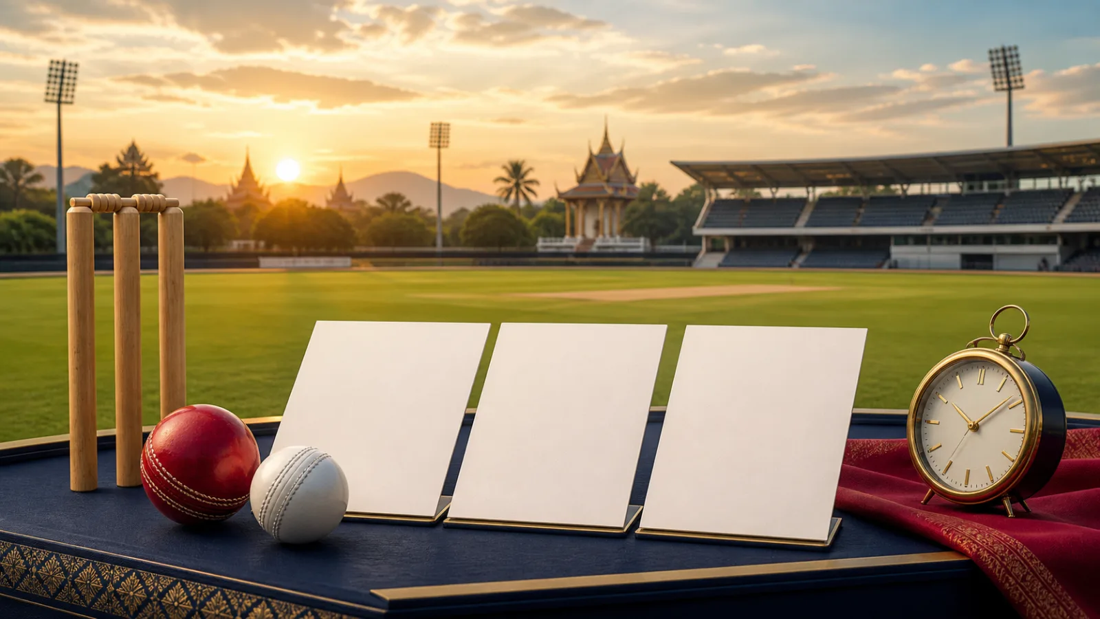 Blank fixture cards beside cricket balls and stumps at a sunlit Thai cricket ground