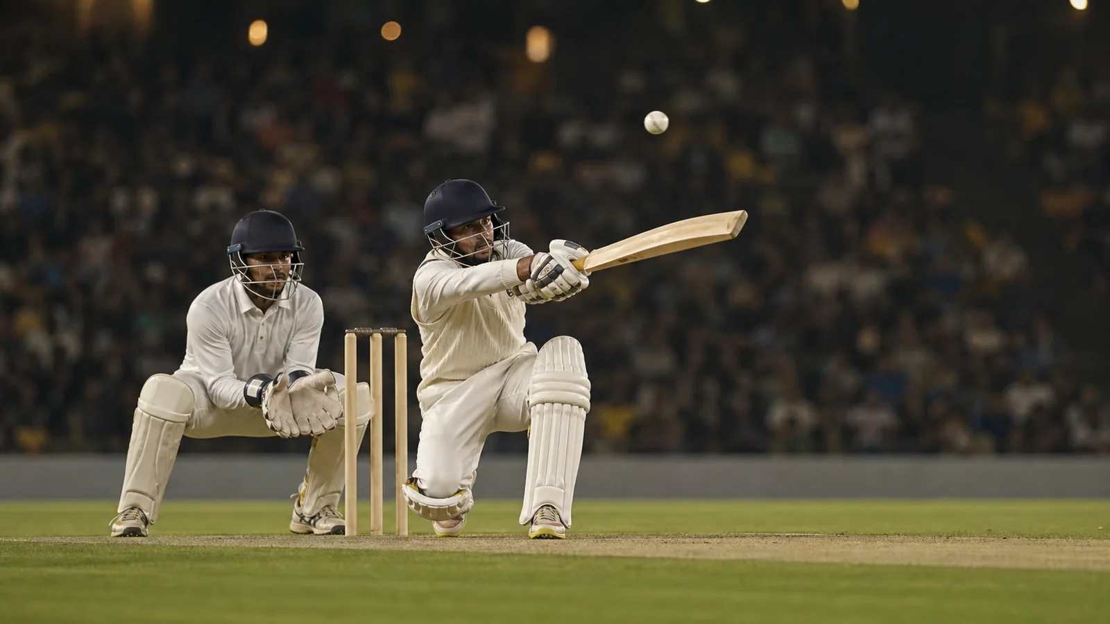Cricket batter crouching to improvise a ramp shot with the wicketkeeper behind the stumps