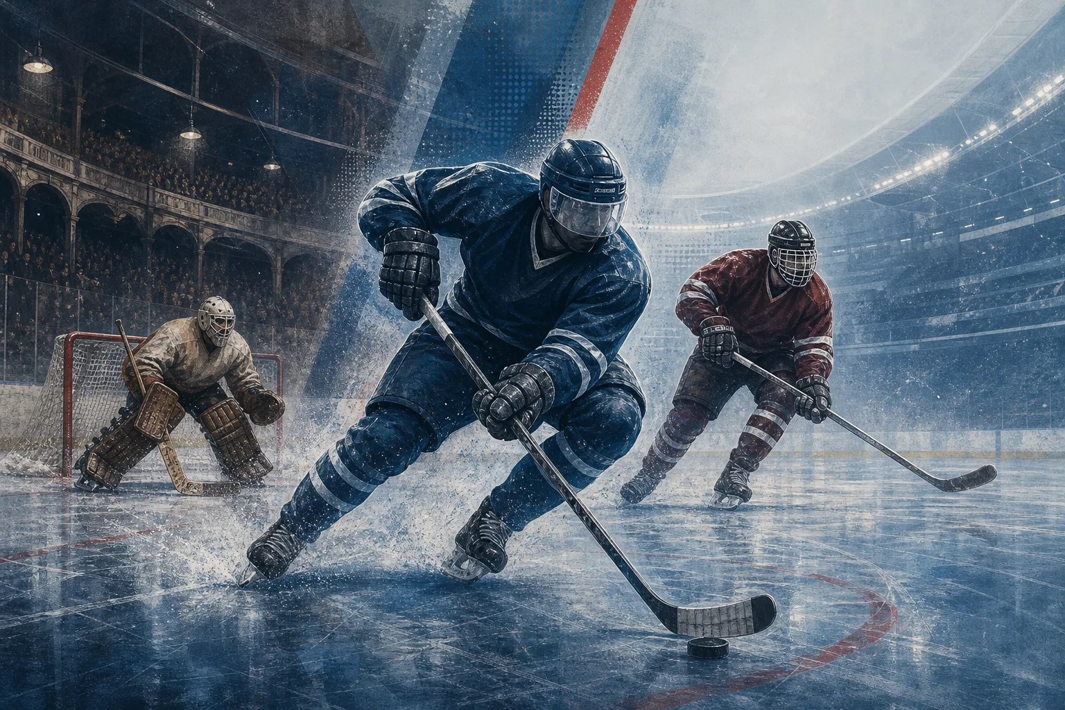 Editorial illustration of anonymous ice hockey players from different eras skating in an arena