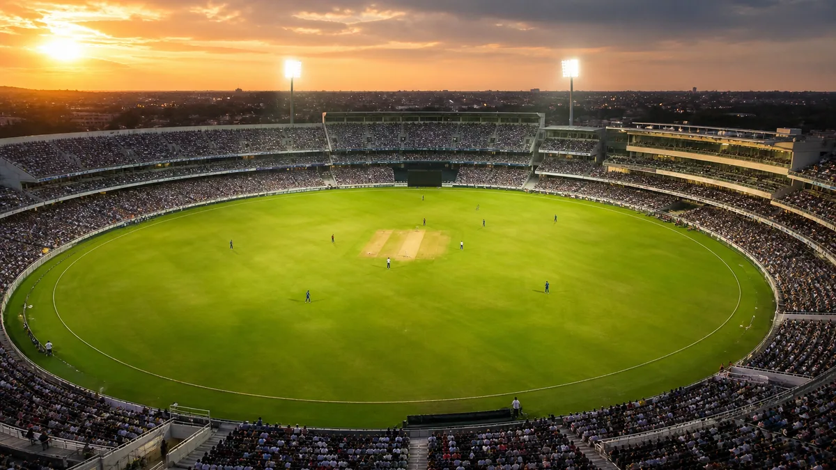 Aerial view of a large oval cricket stadium filled with spectators at sunset