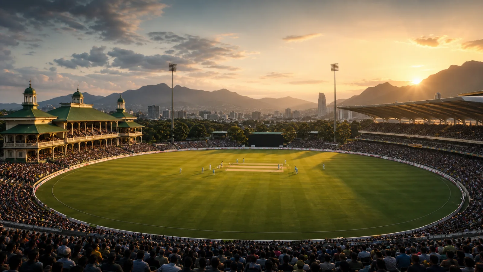 A packed international cricket stadium combining a heritage pavilion, vast oval and mountain backdrop at sunset