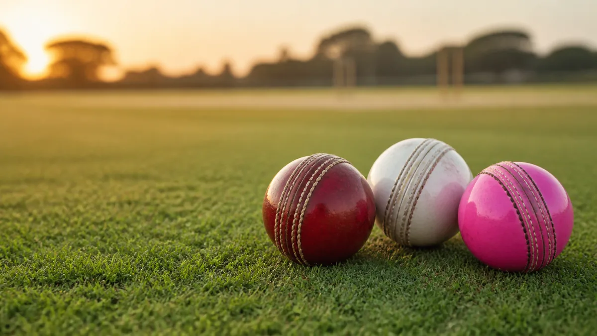 Red, white and pink leather cricket balls arranged together on a grass pitch