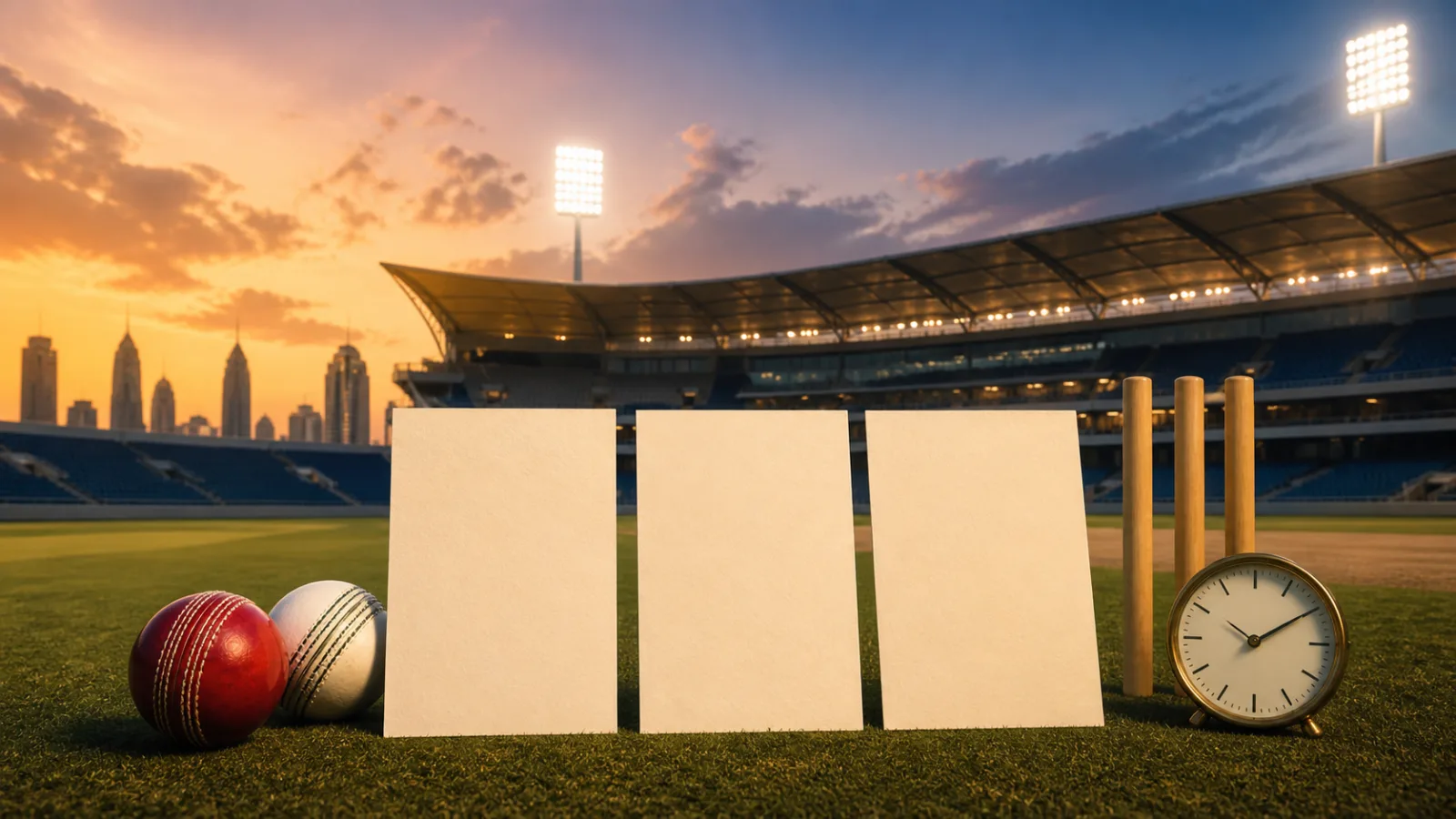 Blank fixture cards beside cricket balls and stumps at a floodlit Dubai cricket stadium