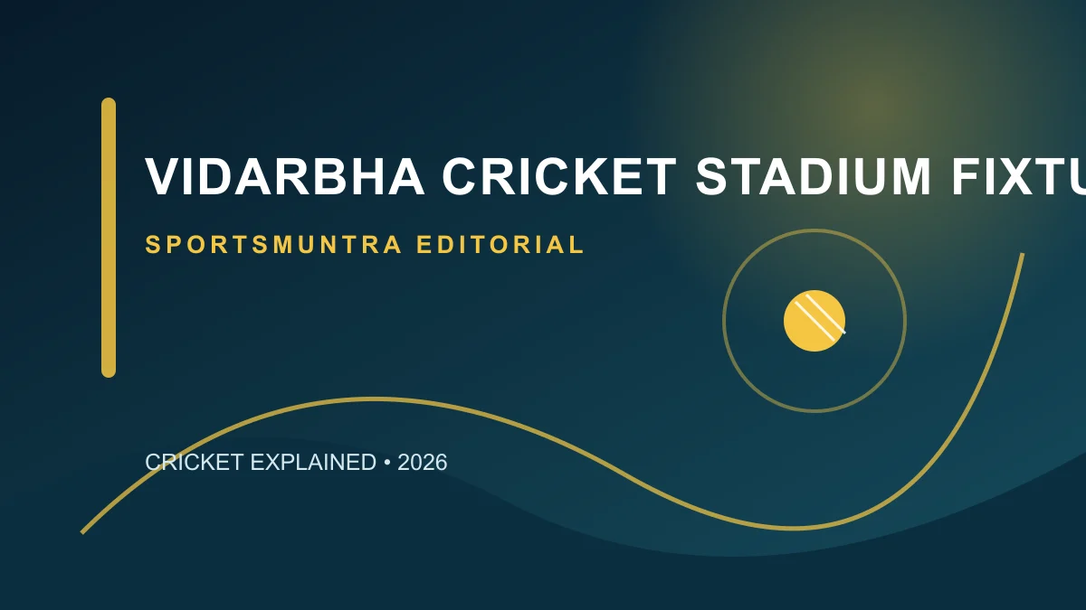 Vidarbha cricket stadium with a 2027 Test-match fixture calendar and red cricket ball