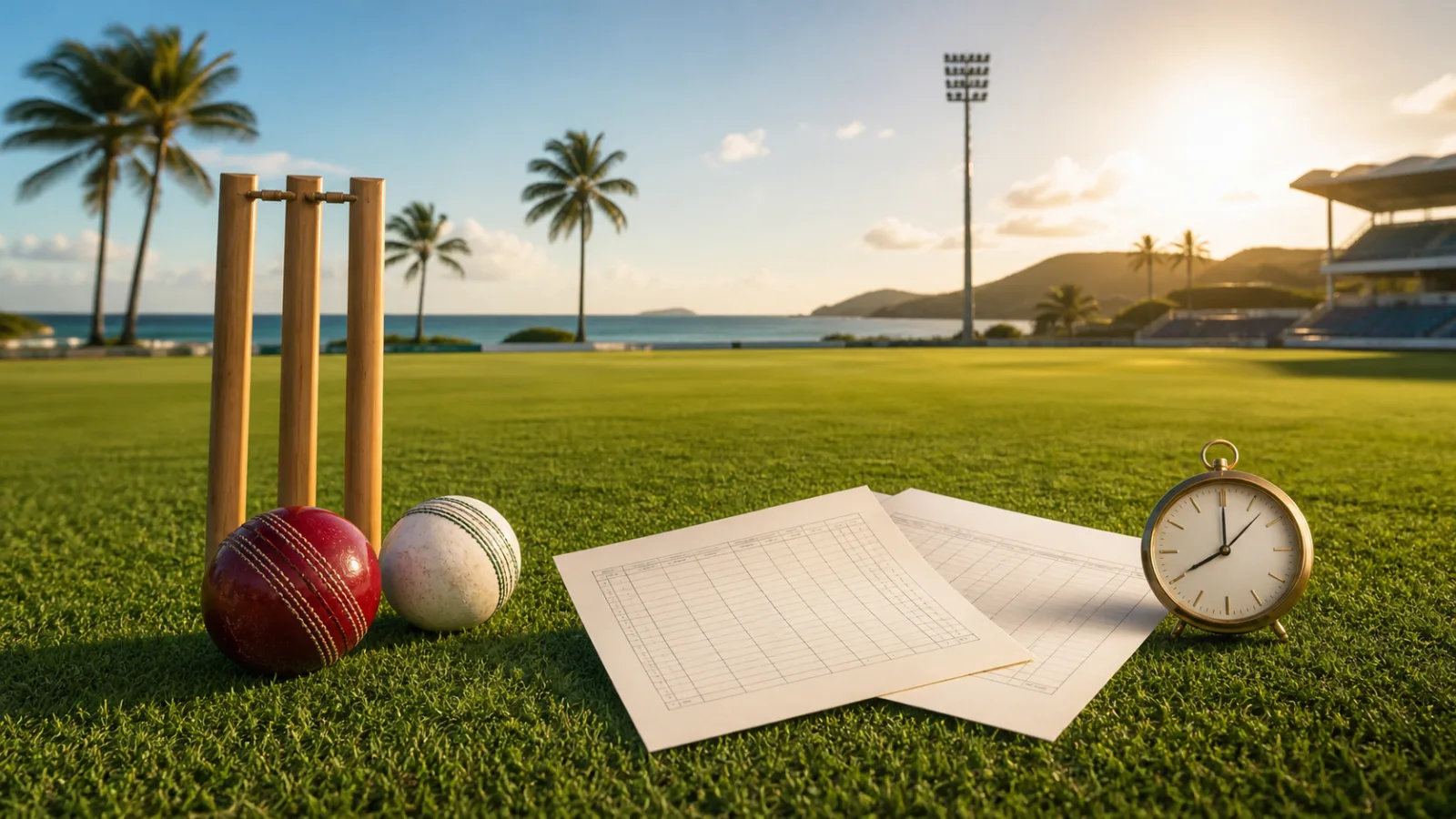 Blank fixture cards beside red and white cricket balls on a sunlit Caribbean ground