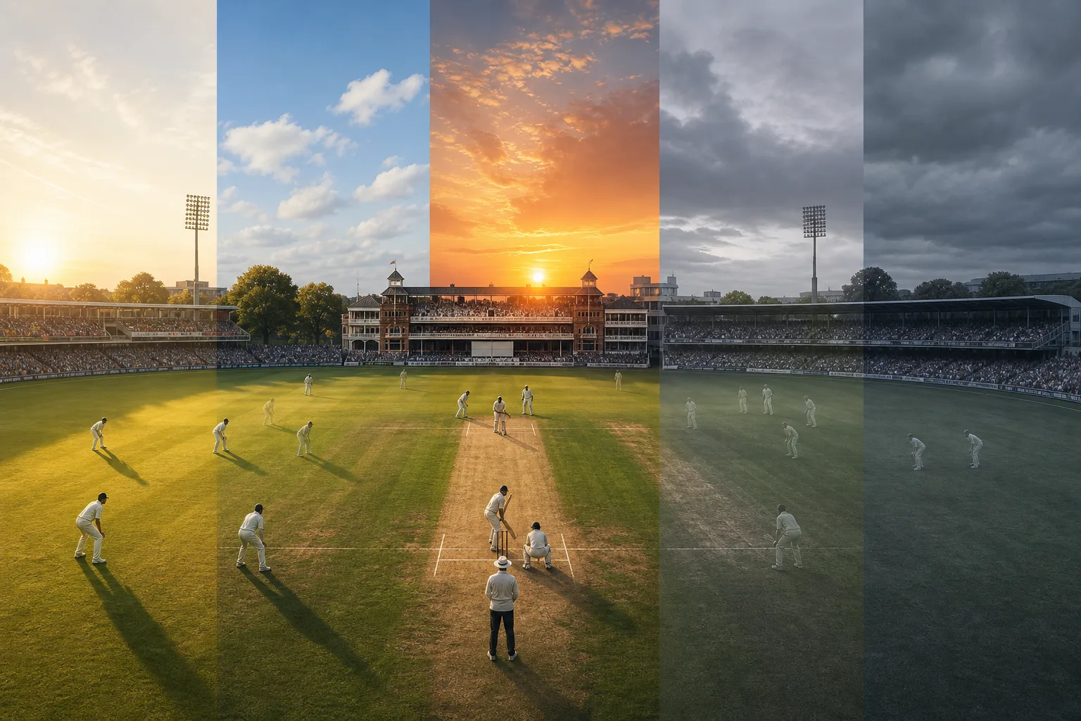 Traditional red-ball Test cricket with slips and wicketkeeper around the batter