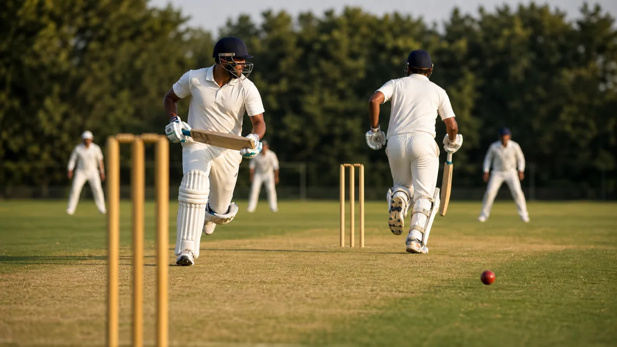 Two cricket batters running between the wickets during their team's innings