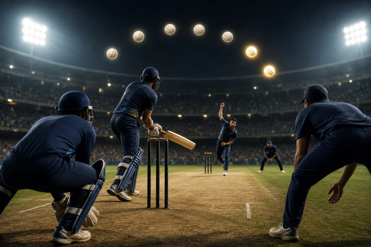 Tense final-over cricket delivery with batter and wicketkeeper ready at night