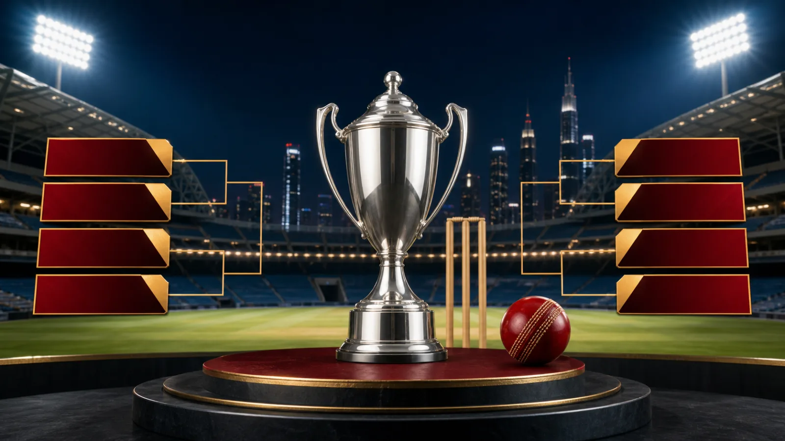 Blank eight-team tournament bracket beside a generic silver cricket trophy in a floodlit Dubai stadium