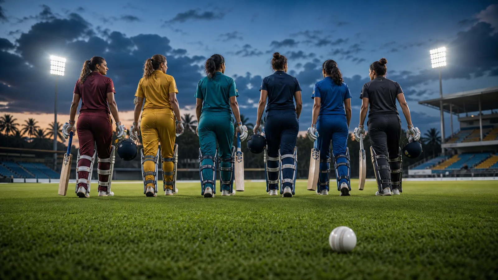 Six anonymous women cricketers in unbranded kits walking into a floodlit Sri Lankan cricket ground