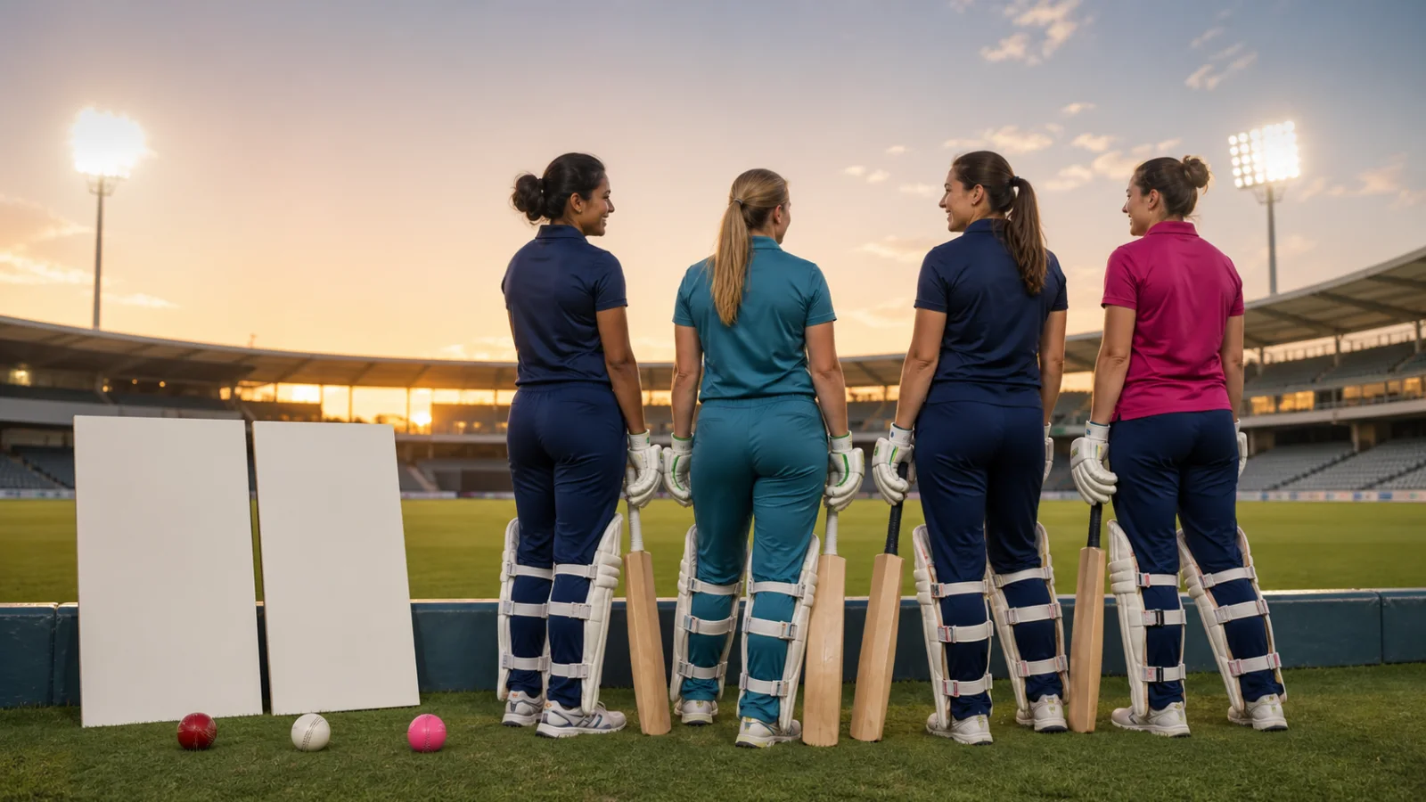 Four anonymous women cricketers in plain kits beside blank fixture boards at a floodlit ground