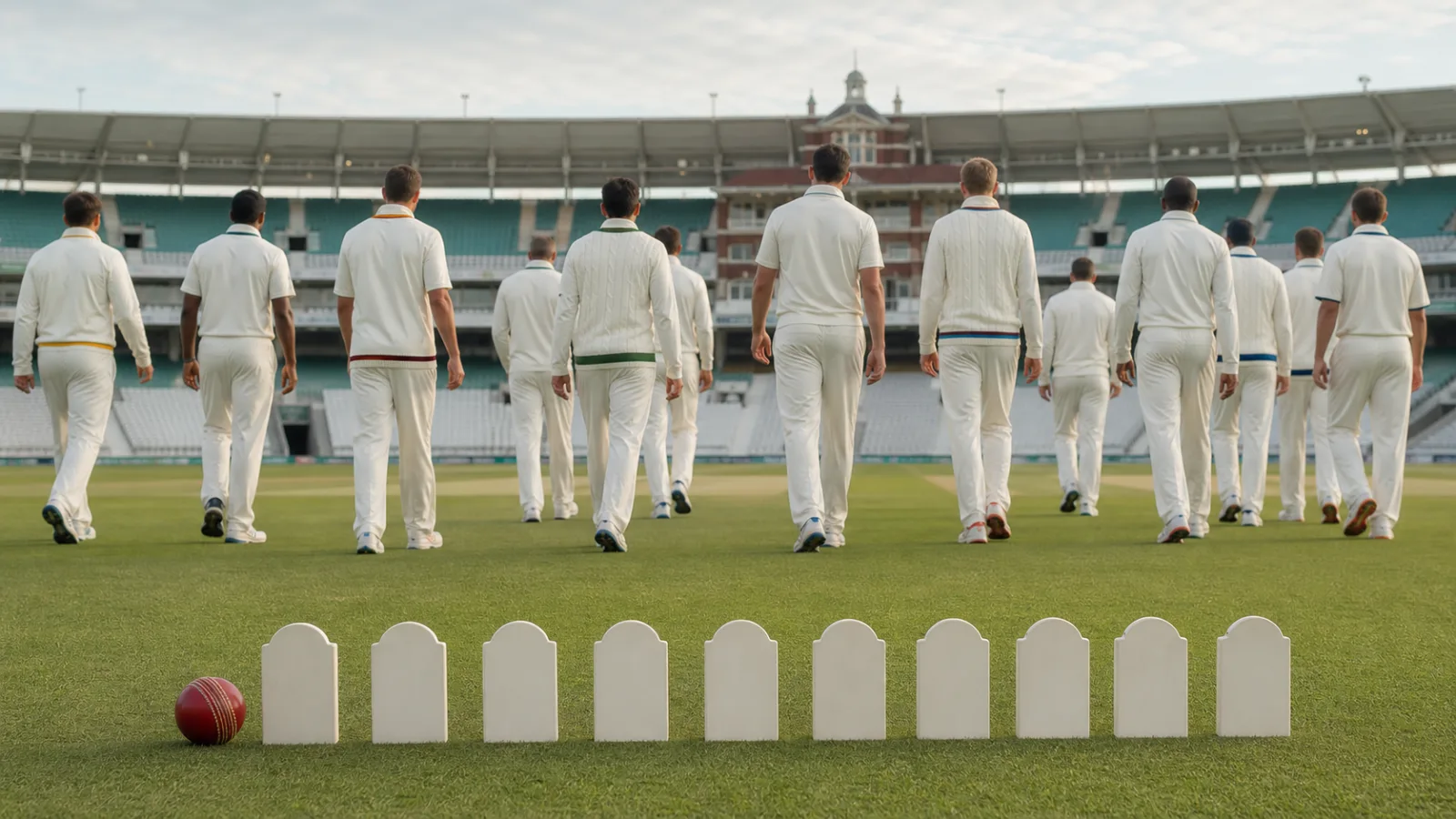 Anonymous red-ball cricketers walking toward a neutral oval stadium beside blank standings markers