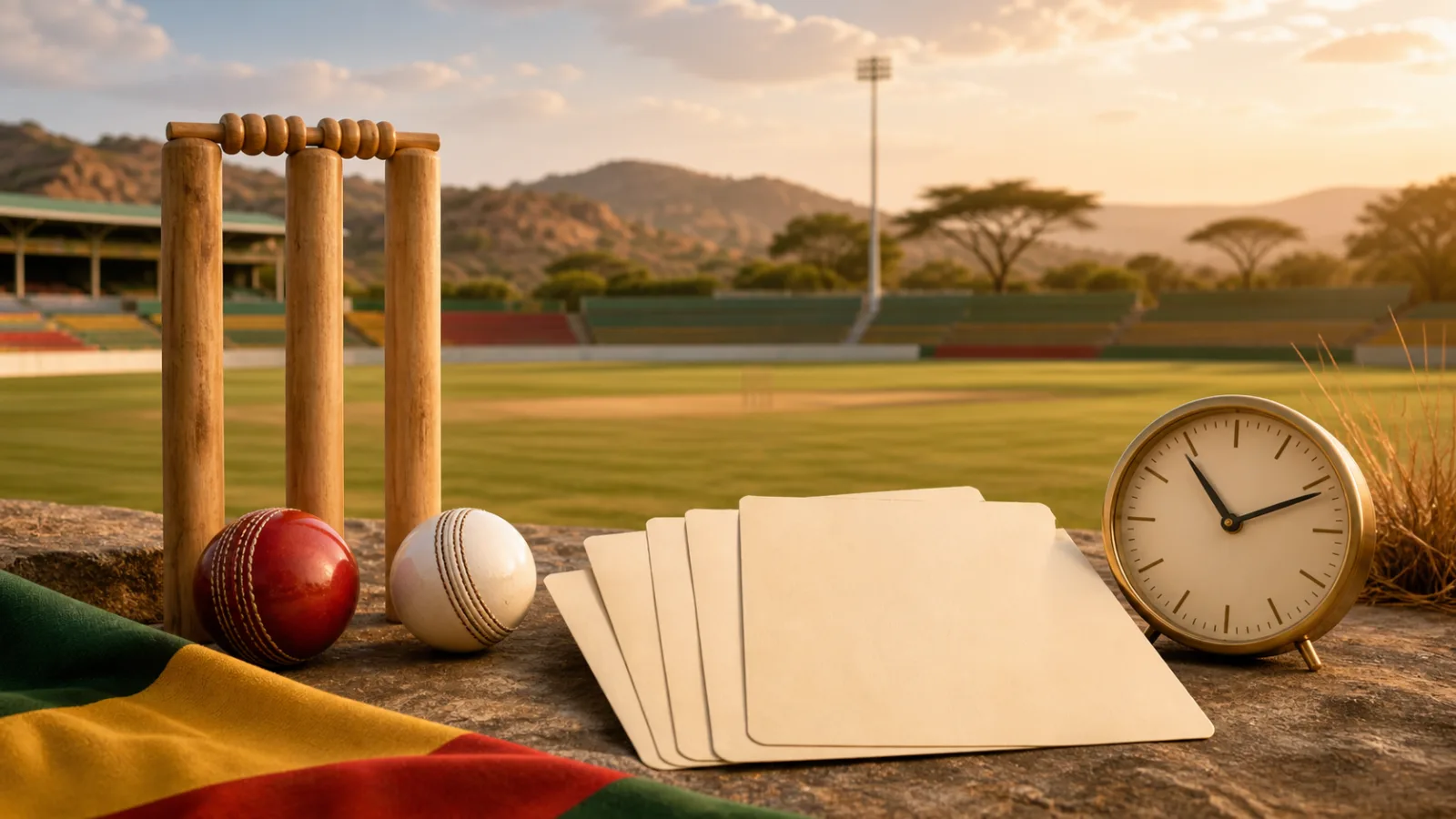 Blank fixture cards with cricket balls and stumps beside a Zimbabwean cricket ground