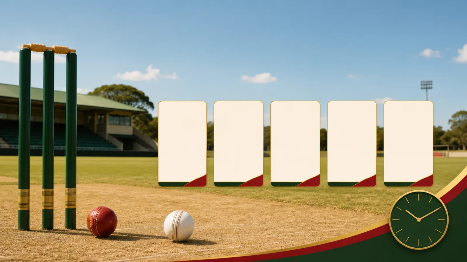 Blank fixture cards beside cricket balls and stumps at a sunlit Zimbabwean cricket ground